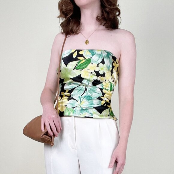 Vintage Tops - Vintage 100% Silk Corset Top Floral Print Strapless Pleated Old Money Luxury